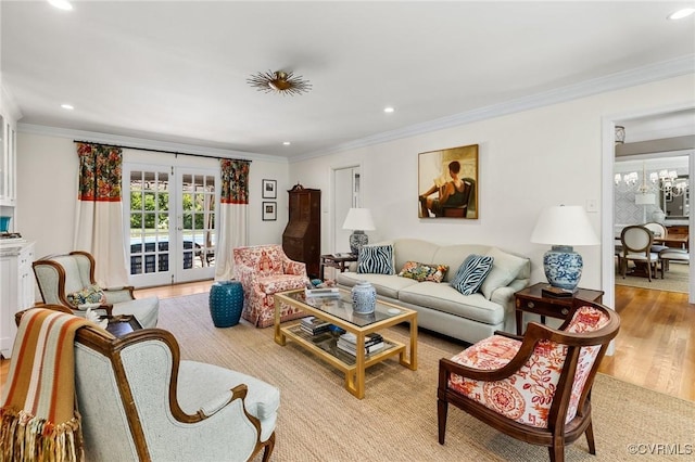 8950 Bellefonte Rd, Henrico, VA 23229 - living room featuring ornamental molding, light wood-type flooring, french doors, and recessed lighting