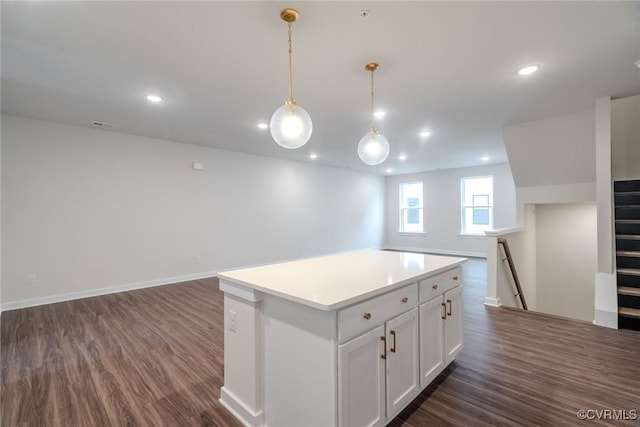 3436 Carlton St Unit 4-4A, Richmond, VA 23230 - kitchen featuring open floor plan, a kitchen island, dark wood-style flooring, white cabinets, and recessed lighting