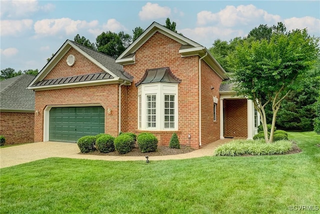5116 Belmont Park Rd, Glen Allen, VA 23059 - view of front of property with a garage, a standing seam roof, brick siding, a front yard, and driveway
