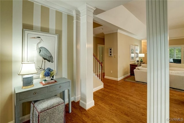 5116 Belmont Park Rd, Glen Allen, VA 23059 - corridor featuring ornate columns, crown molding, wood finished floors, and stairway
