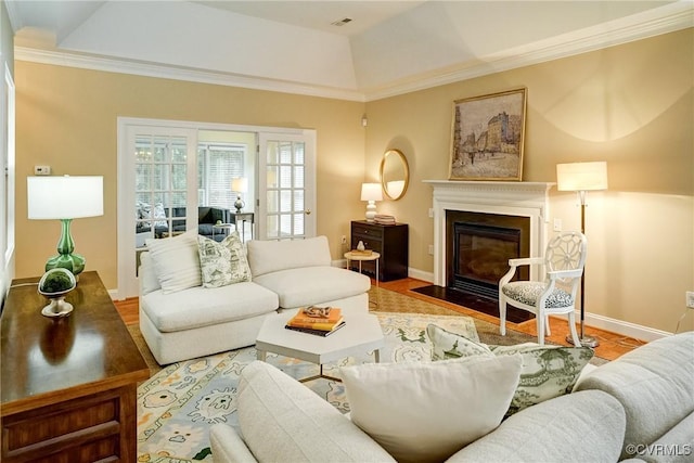 5116 Belmont Park Rd, Glen Allen, VA 23059 - living area featuring crown molding and a fireplace with flush hearth