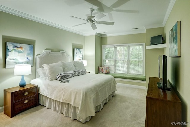 5116 Belmont Park Rd, Glen Allen, VA 23059 - bedroom featuring crown molding, light carpet, and a ceiling fan
