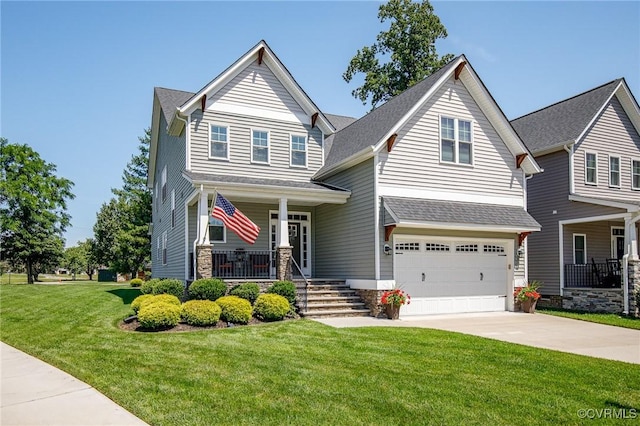 9401 Alsace Ct, Mechanicsville, VA 23116 - craftsman-style house with a porch, an attached garage, concrete driveway, a front lawn, and a shingled roof
