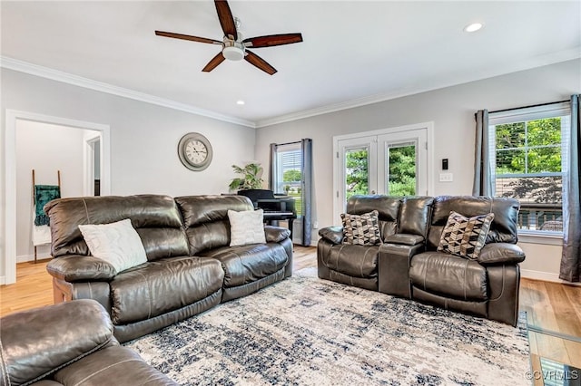 9401 Alsace Ct, Mechanicsville, VA 23116 - living area featuring a ceiling fan, healthy amount of natural light, ornamental molding, recessed lighting, and light wood-type flooring