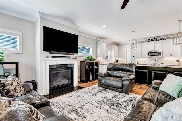 9401 Alsace Ct, Mechanicsville, VA 23116 - living room featuring healthy amount of natural light, crown molding, light wood-style flooring, a fireplace with flush hearth, and recessed lighting