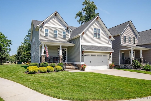 9401 Alsace Ct, Mechanicsville, VA 23116 - craftsman-style house featuring a porch, a garage, driveway, a front yard, and a shingled roof