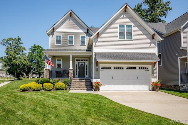 9401 Alsace Ct, Mechanicsville, VA 23116 - craftsman-style home with a porch, driveway, a front yard, a garage, and a shingled roof
