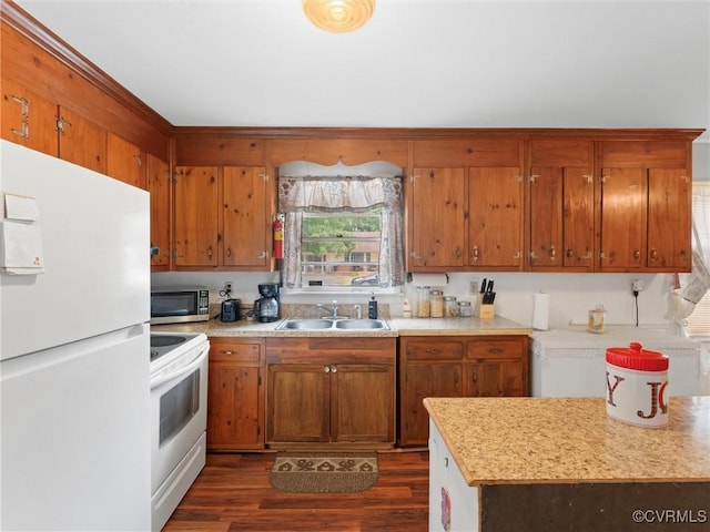3204 Evergreen Ave, Hopewell, VA 23860 - kitchen with white appliances, light countertops, and dark wood-style floors
