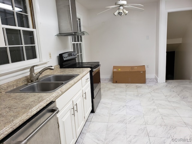 1600 Donora Ct, Henrico, VA 23229 - kitchen with electric stove, dishwasher, a ceiling fan, wall chimney range hood, and white cabinets