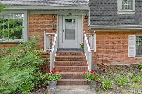 1600 Donora Ct, Henrico, VA 23229 - doorway to property featuring roof with shingles, brick siding, and mansard roof