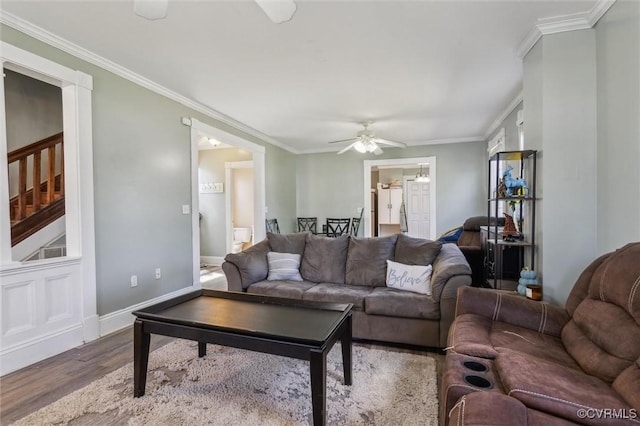 3608 Shell Rd, Newport News, VA 23661 - living room featuring wood finished floors, a ceiling fan, and ornamental molding