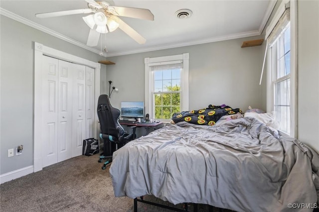 3608 Shell Rd, Newport News, VA 23661 - bedroom with carpet floors, ornamental molding, a closet, ceiling fan, and a desk