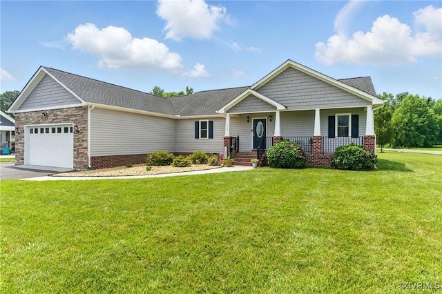112 Rosemary Ct, Tappahannock, VA 22560 - craftsman-style house with an attached garage, a front yard, a porch, asphalt driveway, and stone siding