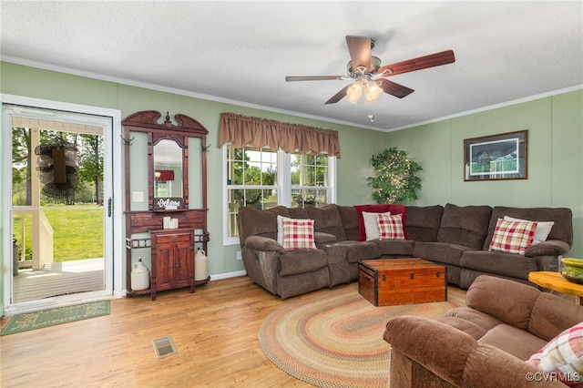 14231 Dykeland Rd, Amelia Courthouse, VA 23002 - living room with ornamental molding, wood finished floors, ceiling fan, and a textured ceiling