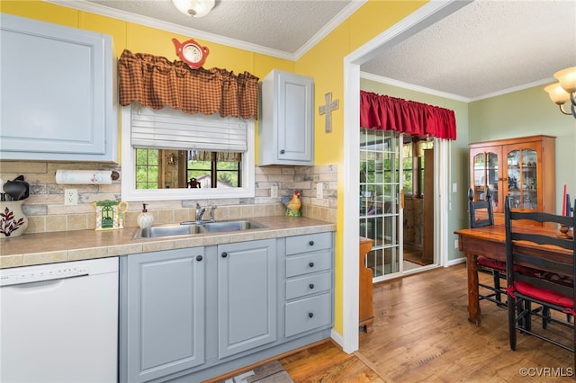 14231 Dykeland Rd, Amelia Courthouse, VA 23002 - kitchen with white dishwasher, a textured ceiling, light wood-style flooring, backsplash, and healthy amount of natural light
