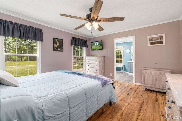 14231 Dykeland Rd, Amelia Courthouse, VA 23002 - bedroom featuring light wood finished floors, crown molding, a ceiling fan, and ensuite bathroom