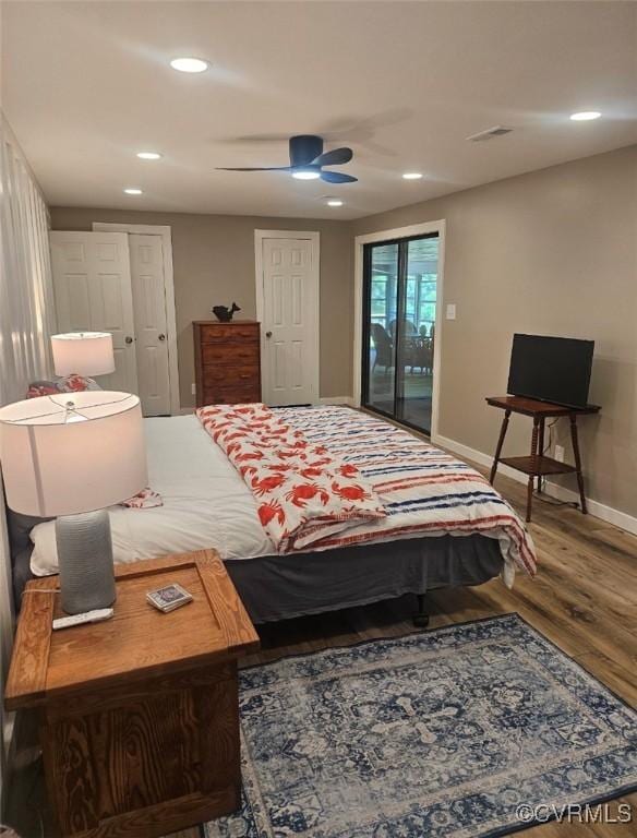616 Long Point Ln, Topping, VA 23169 - bedroom with wood finished floors, recessed lighting, access to outside, and a ceiling fan