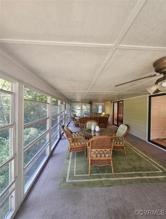 616 Long Point Ln, Topping, VA 23169 - sunroom featuring ceiling fan, carpet, and outdoor lounge area