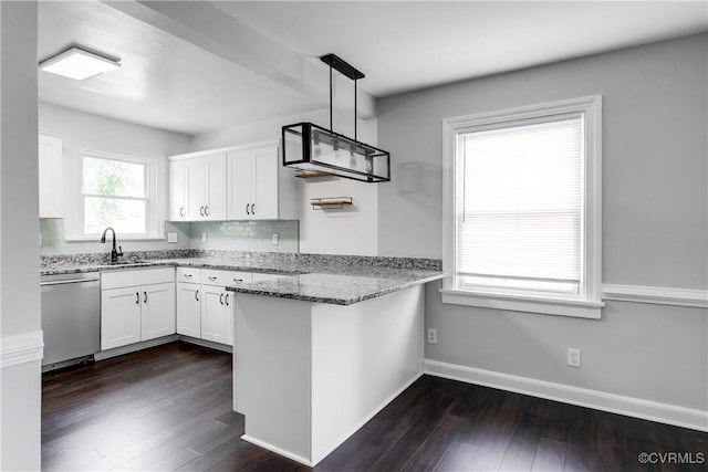 2149 Park Ln, Henrico, VA 23230 - kitchen with dishwasher, a peninsula, light stone countertops, and white cabinets