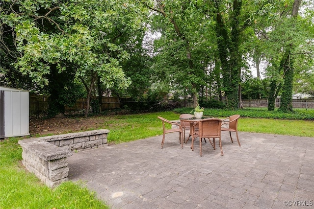 4905 Cutshaw Ave, Henrico, VA 23230 - fenced backyard with a patio, outdoor dining area, and a storage unit