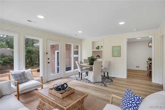 7709 Yolanda Rd, Henrico, VA 23229 - living area featuring ornamental molding, wood finished floors, wood walls, and recessed lighting