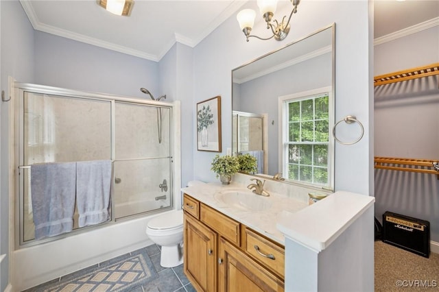3631 Cannon Ridge Ct, Midlothian, VA 23113 - bathroom featuring vanity, crown molding, combined bath / shower with glass door, and a chandelier