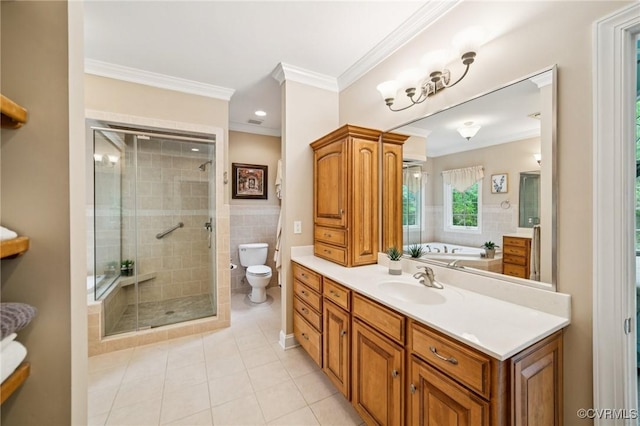 3631 Cannon Ridge Ct, Midlothian, VA 23113 - full bathroom with ornamental molding, vanity, a stall shower, tile patterned flooring, and a bath