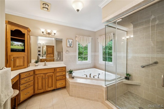 3631 Cannon Ridge Ct, Midlothian, VA 23113 - bathroom featuring tile patterned floors, vanity, a jetted tub, a shower stall, and ornamental molding