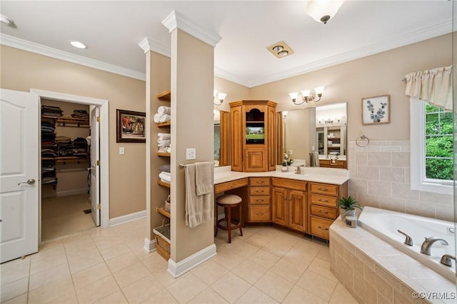 3631 Cannon Ridge Ct, Midlothian, VA 23113 - bathroom with tile patterned flooring, vanity, a garden tub, crown molding, and a walk in closet