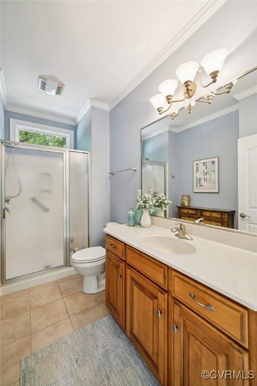 3631 Cannon Ridge Ct, Midlothian, VA 23113 - full bathroom with vanity, a shower stall, crown molding, tile patterned floors, and a chandelier