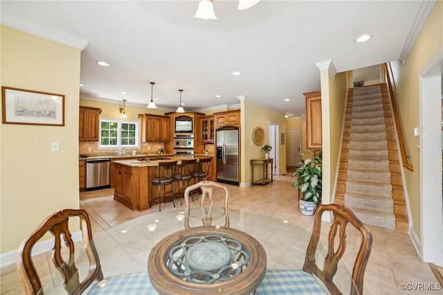 3631 Cannon Ridge Ct, Midlothian, VA 23113 - dining area featuring light tile patterned floors, recessed lighting, ornamental molding, and stairway