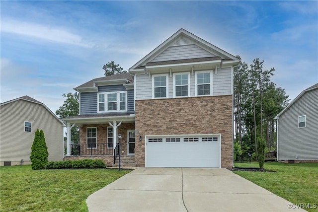 15037 Hazelbury Cir, Midlothian, VA 23112 - view of front of house featuring stone siding, a porch, an attached garage, and a front lawn