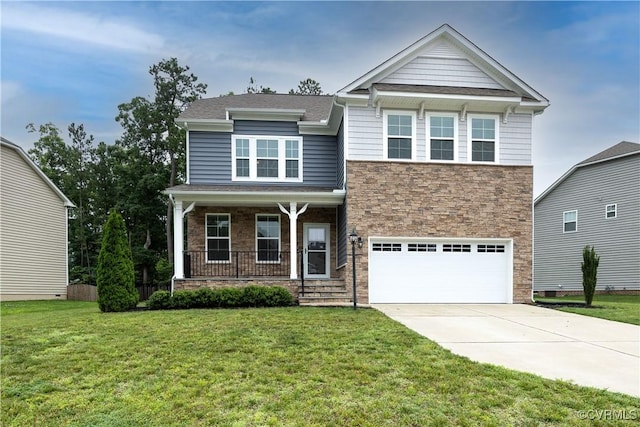 15037 Hazelbury Cir, Midlothian, VA 23112 - view of front of house featuring a porch, an attached garage, concrete driveway, stone siding, and a front lawn