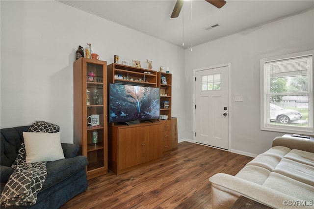 3315 Romancoke Ave, West Point, VA 23181 - living room featuring dark wood-style flooring and ceiling fan