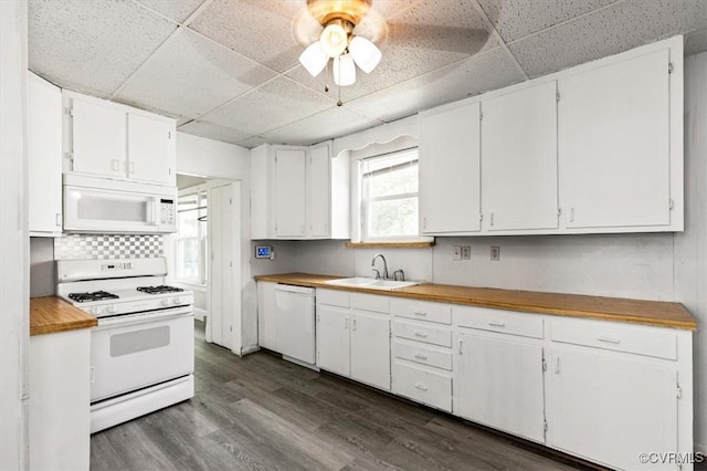 224 Hamilton Ave, Colonial Heights, VA 23834 - kitchen with white appliances, a drop ceiling, ceiling fan, white cabinetry, and dark wood finished floors