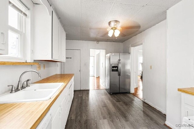224 Hamilton Ave, Colonial Heights, VA 23834 - kitchen featuring stainless steel fridge, a ceiling fan, white cabinetry, dark wood-style floors, and a paneled ceiling