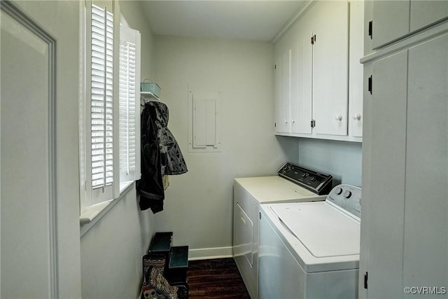 813 Spirea Rd, North Chesterfield, VA 23236 - laundry area featuring cabinet space, independent washer and dryer, and dark wood-type flooring