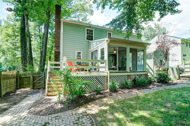 813 Spirea Rd, North Chesterfield, VA 23236 - back of house featuring a sunroom, a chimney, a wooden deck, and stairway