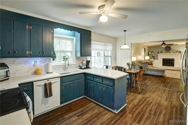 813 Spirea Rd, North Chesterfield, VA 23236 - kitchen with dishwasher, a ceiling fan, electric range oven, light countertops, and dark wood-style flooring