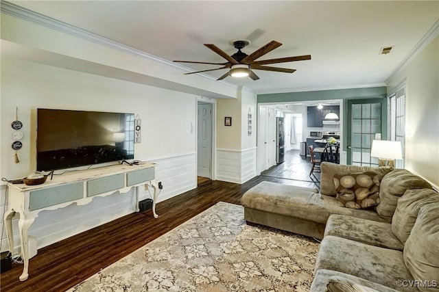 813 Spirea Rd, North Chesterfield, VA 23236 - living area featuring crown molding, wood finished floors, ceiling fan, and wainscoting