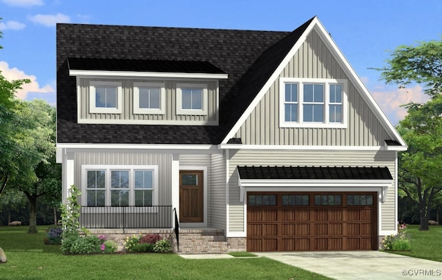 8720 Terroir Ln, New Kent, VA 23124 - view of front of home featuring a garage, board and batten siding, a front lawn, driveway, and roof with shingles
