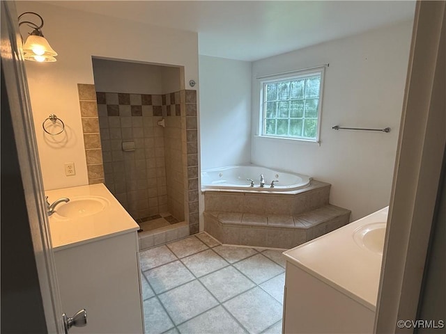 14005 Cooperton Cir, Chester, VA 23836 - full bathroom with vanity, a garden tub, a tile shower, and tile patterned flooring