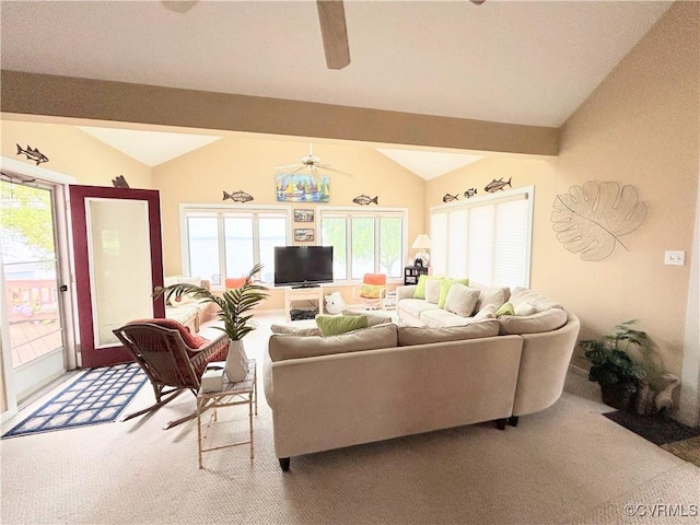 4030 Wellfords Wharf Rd, Warsaw, VA 22572 - living room with a ceiling fan, lofted ceiling, and carpet
