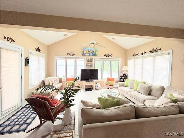 4030 Wellfords Wharf Rd, Warsaw, VA 22572 - living area with lofted ceiling, ceiling fan, and carpet flooring