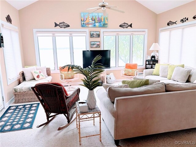 4030 Wellfords Wharf Rd, Warsaw, VA 22572 - carpeted living area featuring lofted ceiling, ceiling fan, and plenty of natural light