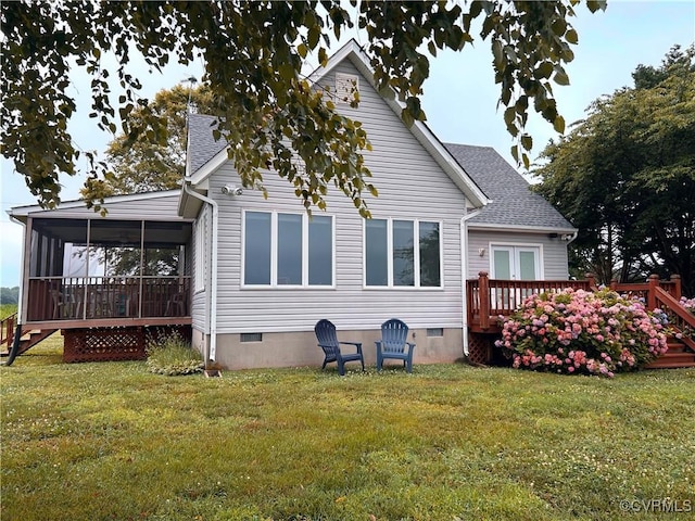 4030 Wellfords Wharf Rd, Warsaw, VA 22572 - back of house featuring a sunroom, crawl space, a yard, a wooden deck, and a shingled roof