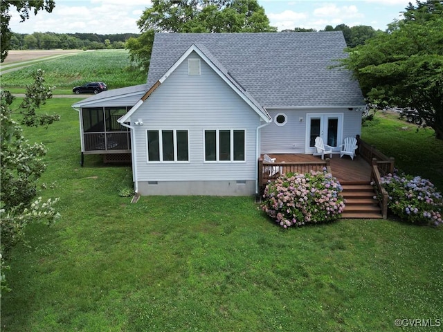 4030 Wellfords Wharf Rd, Warsaw, VA 22572 - back of house featuring a sunroom, a deck, crawl space, and a yard