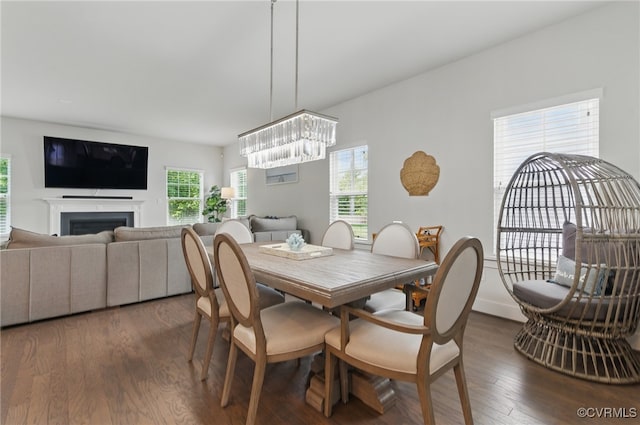 6906 Stafford Park Dr, Moseley, VA 23120 - dining space featuring wood finished floors, a chandelier, and a fireplace
