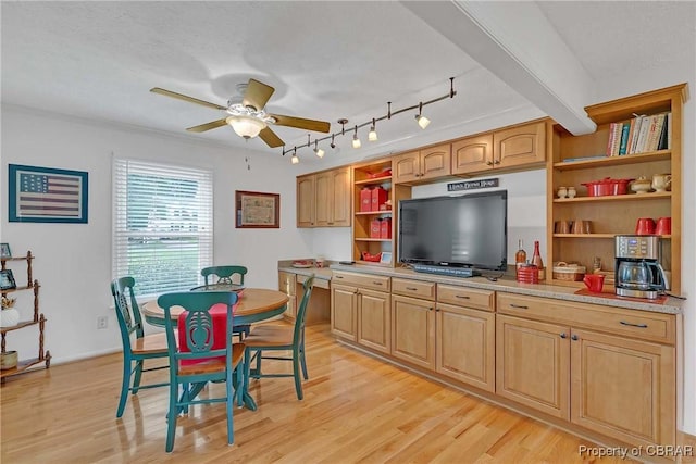 6661 Powhatan Dr, Hayes, VA 23072 - dining space featuring a ceiling fan, light wood-style floors, and rail lighting