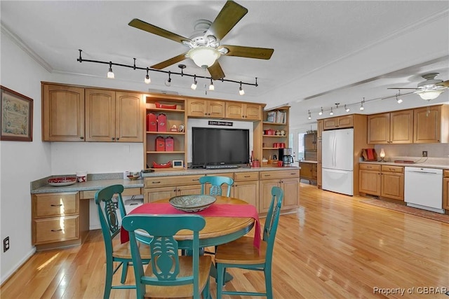 6661 Powhatan Dr, Hayes, VA 23072 - dining room with track lighting, a ceiling fan, light wood finished floors, and ornamental molding